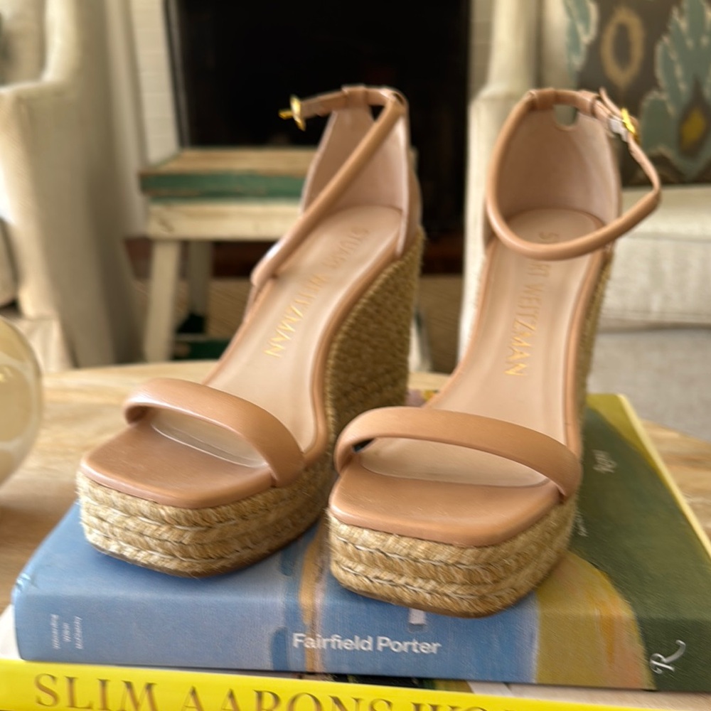 Stuart Weitzman Tan Espadrille Wedge Sandals